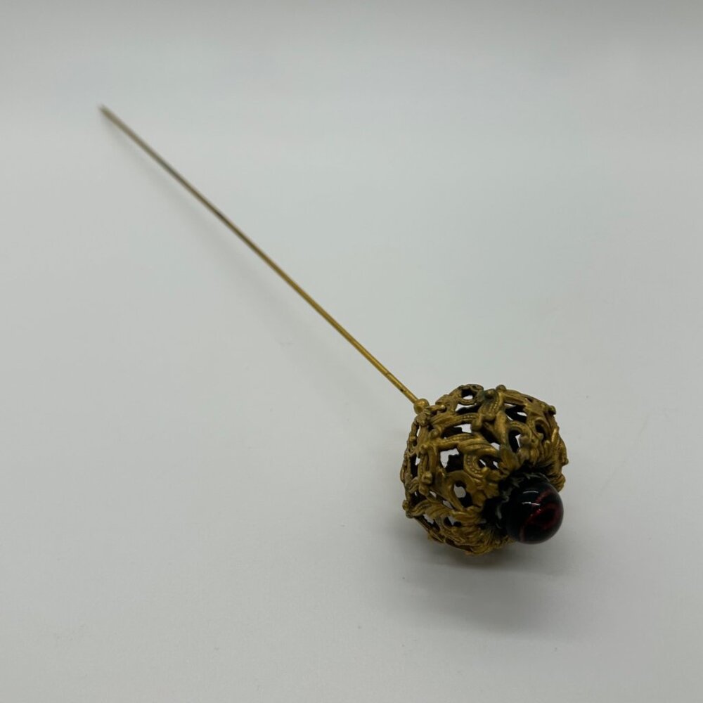 Antique Edwardian Hat Pin Gilded Brass Filigree Red Cabochon 1900s 9" READ - Picture 9 of 16